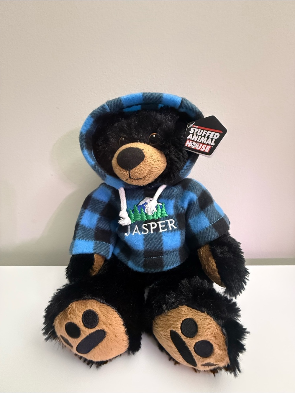 Stuffed Animal House Black Bear Plush Blue Plaid Hoodie Jasper Canada Souvenir